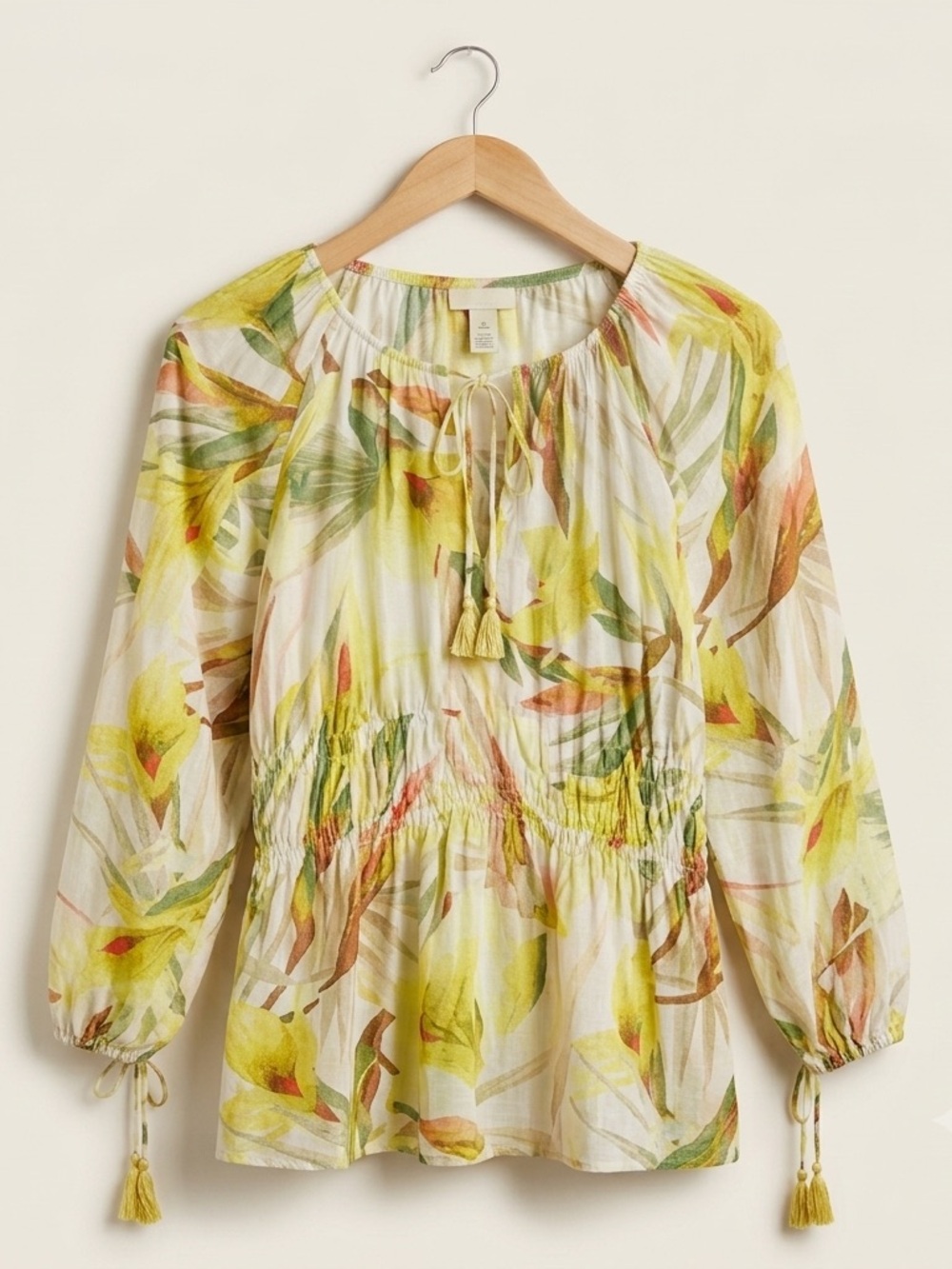H&M White and Yellow Floral Peasant Blouse